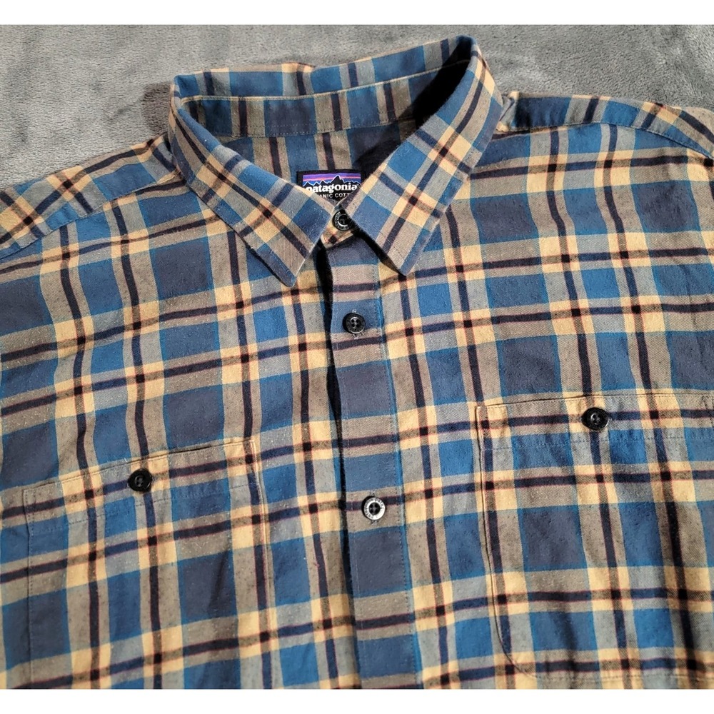 Patagonia Shirt Men XL Blue Plaid Pima Cotton Organic Long Sleeve Outdoor Hiking